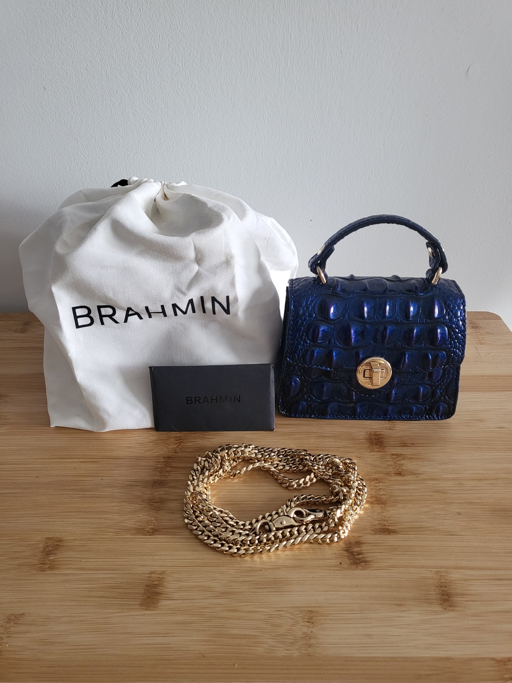 Brahmin Blue Arietta Croc-Embossed Leather Top-Handle Bag with Gold Hardware